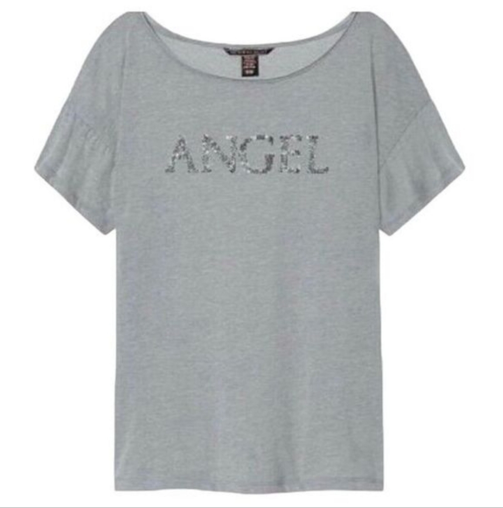 NWT Victoria Secret Gray Ruffle Short Sleeve Silver Sequins Angel Spell Out Top